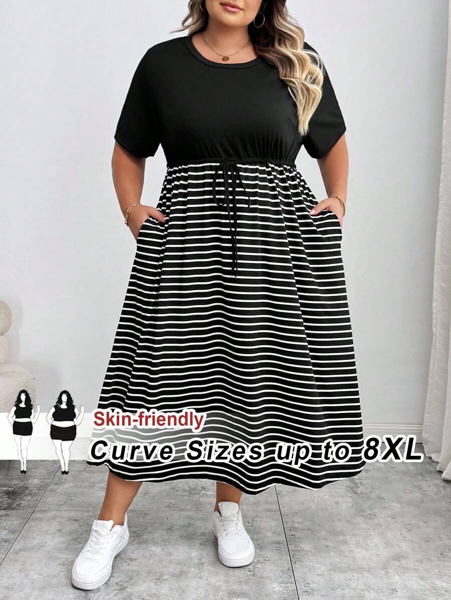 SHEIN CURVE+ Curve 大码/秋装/秋季女装/女士冬装/冬装大码时尚休闲上班优雅自由人返校、教师装、商务职业装、骄傲服装黑色连衣裙、秋季、音乐会、女士圆领口袋迷你连衣裙、条纹印花长裙