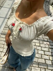 Lyxana 女式休闲度假花卉印花收腰方领泡泡袖衬衫，夏季 - 杏色 - 查看 6