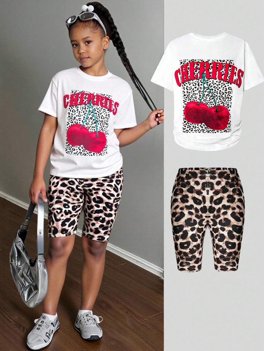 2件套女童休闲樱桃豹纹圆领T恤和短裤套装