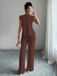 Elenzga 2pcs Casual Elegant Set: Short Sleeve Ribbed Top And Pants - Brown - View 5