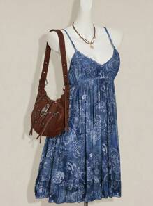 SHEIN ICON Vestido casual de vacaciones con estampado de paisley, de corte holgado, con tirantes de espagueti y malla, en estilo vintage bohemio hippie Y2K - Azul - Ver 3