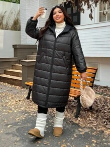 SHEIN EZwear Áo khoác dài có mũ trùm đầu cỡ lớn, đa năng cho mùa đông - màu đen - Xem 3