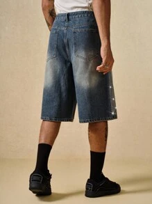 ROMWE MEN Street Life Men's Loose Fit Rhinestone Embellished Pocket Wide Leg Casual Denim Shorts - Blue - View 4