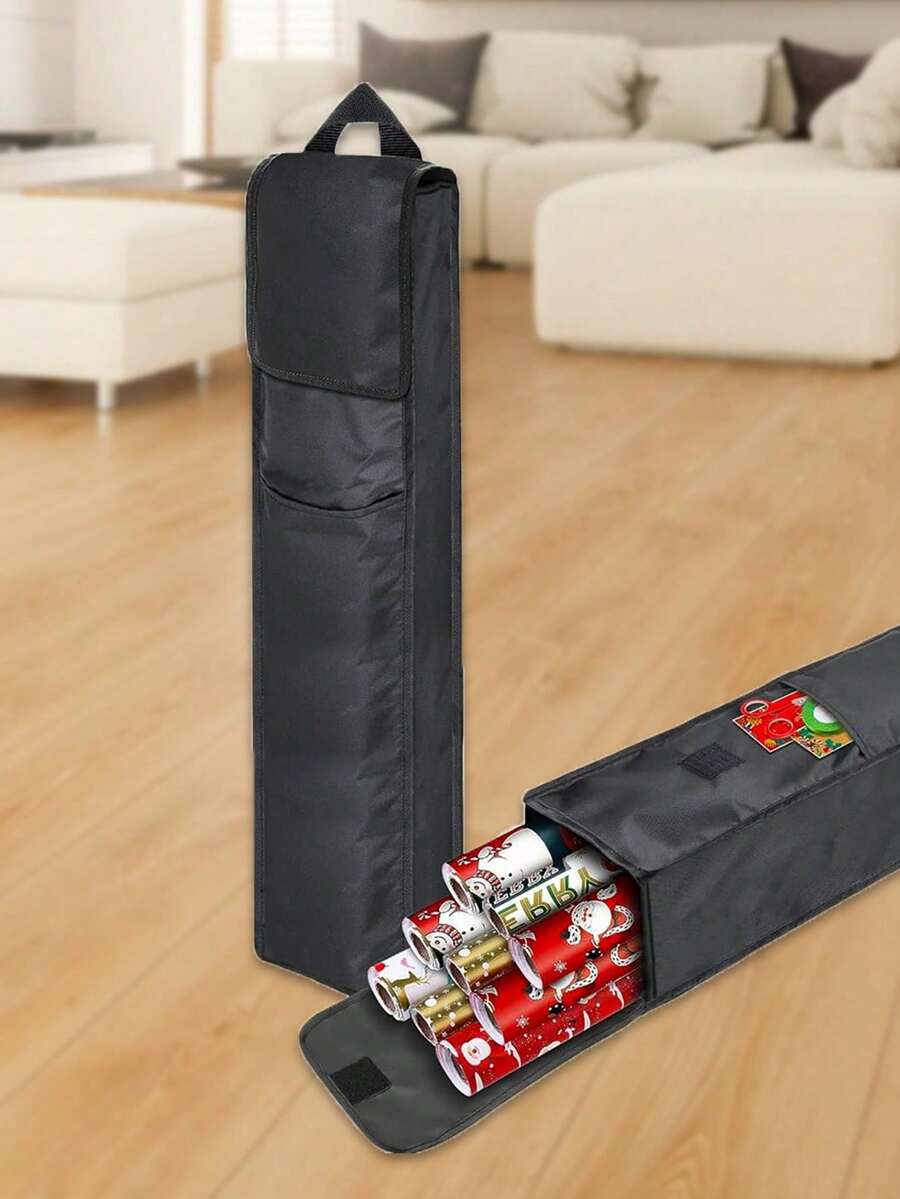 1pc Wrapping Paper Storage Bag, 30" Gift Wrapping Paper Organizer, Black Oxford Wrap Paper Storage Containers With Pocket, Foldable Wrapping Paper Holder, Home Organizer And Storage - Black - View 1