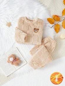 SHEIN 4 件套家庭装格子法兰绒睡衣套装，舒适长袖衬衫和裤子休闲家居服，母子装（单独出售）