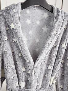 男士柔软法兰绒星形图案睡袍，舒适休闲家居服，秋冬 - 灰色 - 查看 4