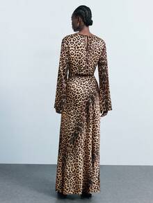 Maija 女式豹纹圆领喇叭袖镂空腰部修身长裙 - 棕色 - 查看 4