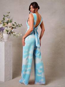 L'Amorae 优雅褶皱印花深V阔腿连体裤，女士婚礼服装，女士夏季服装 - 淺藍色 - 查看 3