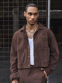 PAVTROS 男士休闲短翻领灯芯绒衬衫和阔腿裤套装，秋季服装，舒适穿搭 - 棕色 - 查看 6