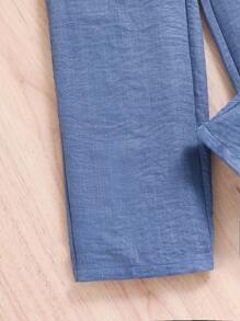 Tween Girl Solid Color Patchwork Long Sleeve Casual Top & Pants 2pcs Outfit, Cute For Spring/Autumn - Dusty Blue - View 4