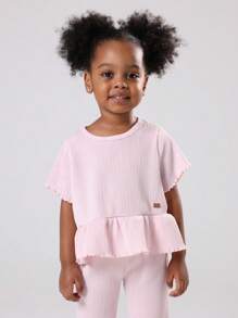 SUMWON Girls Two Piece Plisse Co-Ord Set With Ruffle Peplum Top And Flared Pants Casual Summer Holiday Beach Party Outfit Matching Set - Pink - View 3