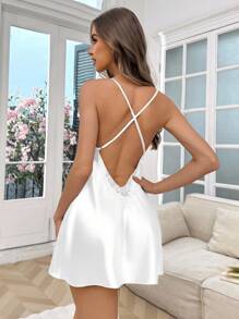 Crystal Vow Lace Trim Faux Silk Sexy Backless Criss-Cross Camisole Nightgown - White - View 3