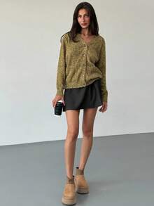Aloruh Nouveau cardigan femme d'automne/hiver à col en V, à simple boutonnage, style mou. Tricot à manches longues, motif vintage à pois verts sur maille douce - Vert - Voir 6