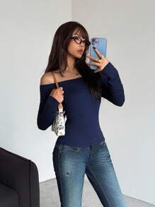 SHEIN 少女纯色针织露肩长袖修身休闲上衣 - 藏蓝色 - 查看 1