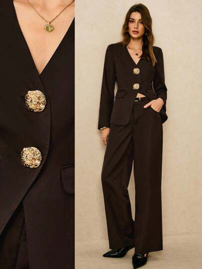 Poéselle 女士西装外套，腰部有口袋和金属纽扣装饰，棕色西装外套，适合外出，简约单排扣腰部工作西装外套，商务休闲办公室工作老款街头服饰冬季秋季