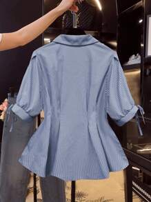 SHEIN LUNE Plus Size Blue & White Striped Commuter Printed Unique Collar Shirt