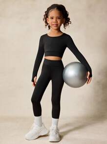 Sparklyn Young Girls Active Wear Set, High Stretch Long Sleeve, Criss-Cross Hollow Back Design Sportswear, Back To School, Casual Fall Winter