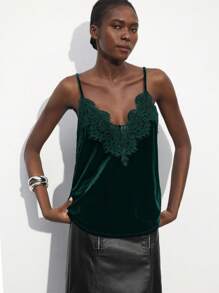 Maija 女士蕾丝拼布天鹅绒黑色吊带背心，适合秋冬季圣诞派对