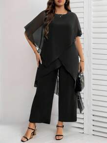 Reflora Plus Size Elegant Commuter Solid Color Asymmetric Hem Top And Pants 2 Pieces Set,Fall Clothes For Women - Black - View 1