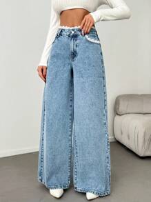 EURMUSE WOMEN DENIM WIDE LEG MID WAIST LACE BELT DETAIL JEANS - Light Wash - View 5