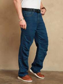Manfinity Homme Men's Casual Washed Pleated Straight-Leg Jeans - Blue - View 5