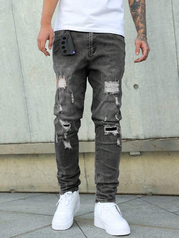 Manfinity LEGND Men's Casual Washed Distressed Slim Fit Jeans Grey Men Jeans Ripped Jeans Men Stretch Vintage Washed Slim Fit Thrashed Denim