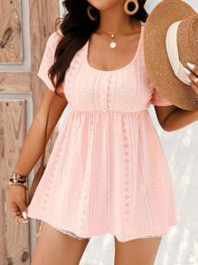 SHEIN LUNE Camiseta de manga corta de mujer casual de vacaciones, de unicolor y textura - Rosa - Ver 3