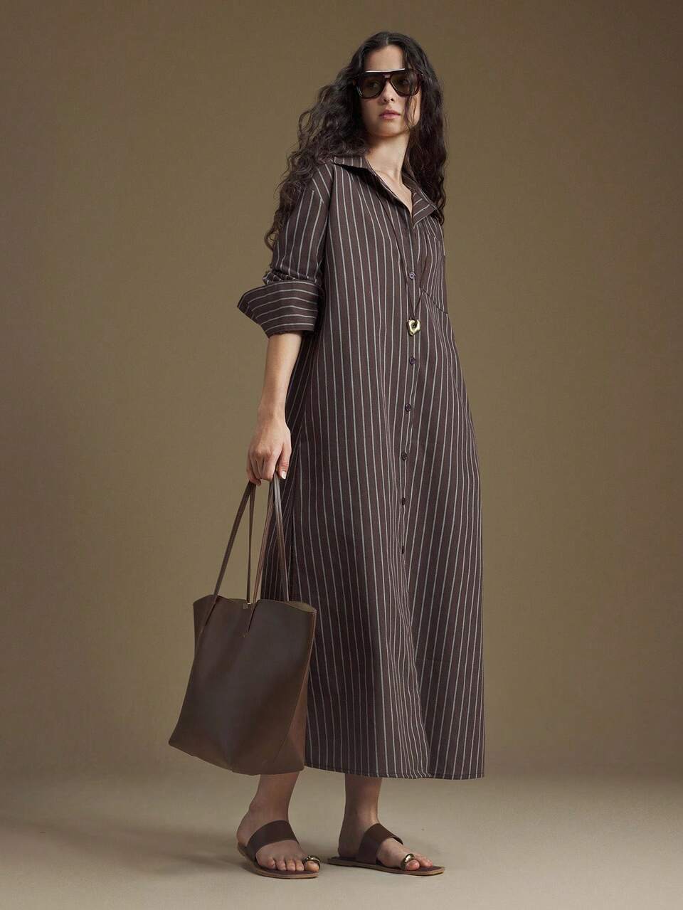 Women's Dark Brown Striped Dress,Autumn Casual Vintage Elegant Businesswear For Urban Commute,Occasion Wedding Guest Party,Spring Summer Formal Dress