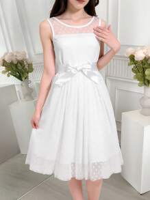 Tween Girls' Sweet White Mesh Dress With Heart Print For Summer - White - View 3