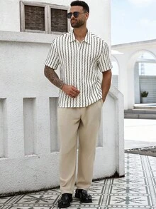 Manfinity Homme Herren Lässig Gestreiftes Kurzarmhemd in Große Größen, Sommer - Schwarz und Weiss - Übersicht 3