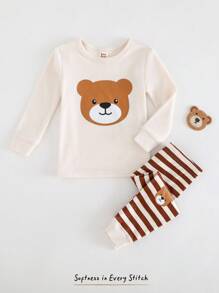 Cozy Pixies 男婴卡通熊印花针织柔软圆领长袖上衣和松紧腰长裤两件套舒适睡衣套装