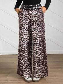SHEIN LUNE Women's Casual Khaki Leopard Print Wide Leg Pants,Beige Autumn Winter Clothes For Women,Chic Country Brown Pants Halloween Costumes Night Casual - Khaki - View 3