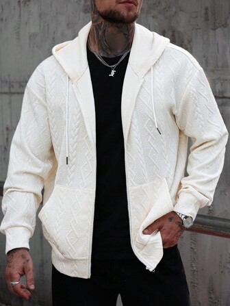 Manfinity CasualCool Men's Casual Everyday Commute Minimalist Solid Color Textured Fabric Zip-Up Drawstring Hoodie, Spring/Autumn Cream Hoodie Men Men Zip Up Hoodie
