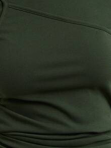 Nöista 女士纯色圆领长袖不对称褶皱修身时尚 T 恤，适合秋冬季、办公室、休闲、音乐会 - 綠色 - 查看 6