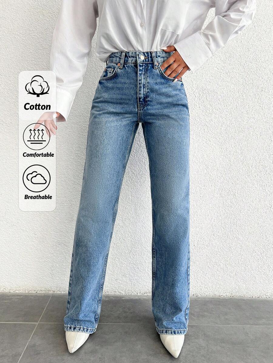 EURMUSE Petite 100% 纯棉高腰直筒牛仔裤 PETITE