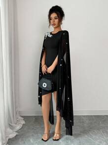 Elenzga 女式圆领拼接闪亮丝带修身优雅连衣裙