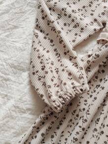 Vintaside Kids Mädchen Khaki gestricktes Jacquard Patchwork Cord Blumen Vintage Landhaus Stil Kleid