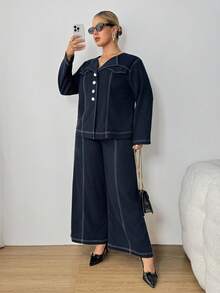 SHEIN PETITE CURVE 加大码女式休闲拼色外缝衬衫和裤子套装，秋季两件套小码裤装女式两件套裤子套装小码曲线两件套曲线小码服装套装加大码小码两件套 - 藏蓝色 - 查看 6