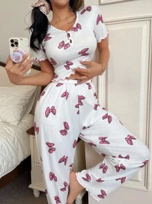 SHEIN Bộ đồ ngủ dệt kim tay ngắn cổ chữ V in nơ màu hồng dành cho nữ Bộ đồ ngủ hai mảnh dành cho nữ Bộ đồ ngủ nơ Bộ đồ ngủ dễ thương Bộ đồ ngủ phù hợp - trắng - Xem 5