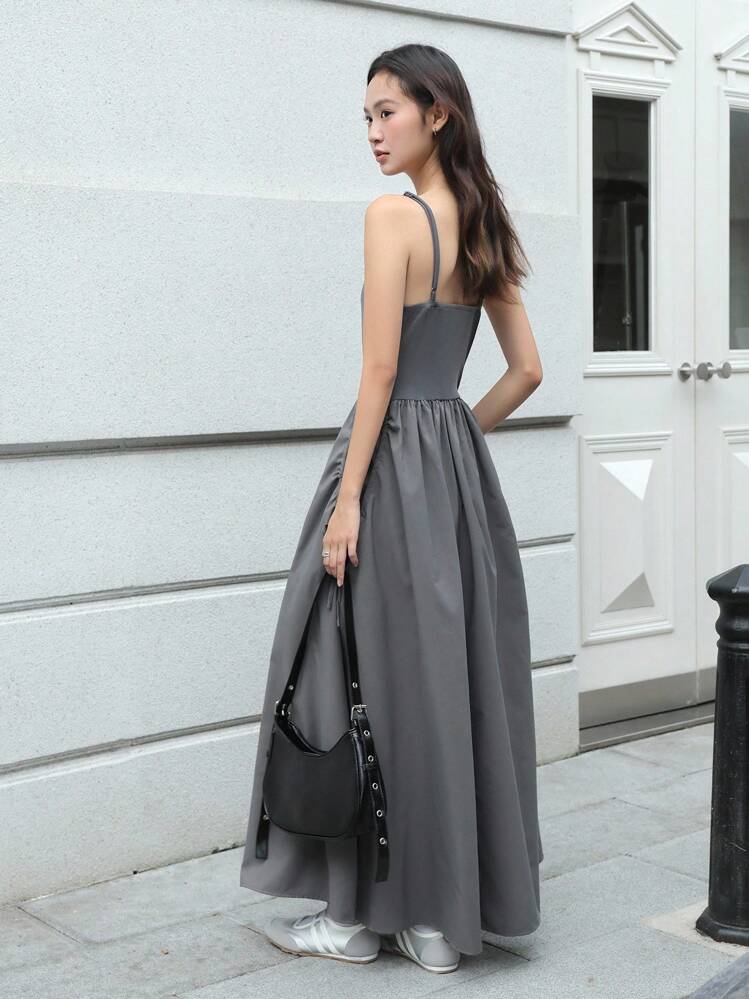 spaghetti strap grey dress SHEIN Unity Elegant Women's Casual Gray Summer Maxi Dress,Sleeveless Straps,Flared Hem,Side Ruched Everyday Long For Summer Outings RCT-Martin-202427