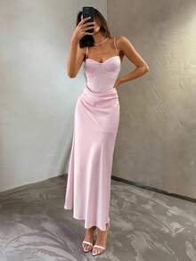 Aloruh Váy đuôi cá dài ôm sát không dây phối ren chắp vá cho nữ, gợi cảm cho mùa cưới, xuân/hè - Hồng - Xem 4