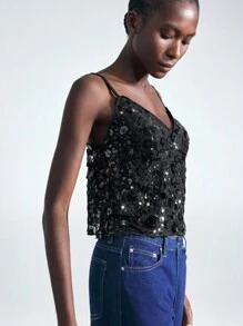 Maija Camiseta de mujer elegante con lentejuelas florales - Negro - Ver 3