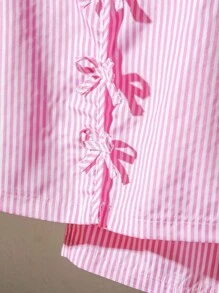 SHEIN 2 件套青少年女孩无袖编织条纹背心，带蝴蝶结装饰和松紧腰宽松短裤套装，夏季 - 粉色 - 查看 5