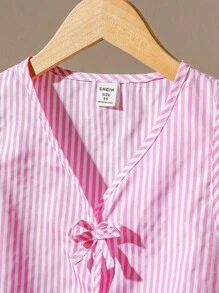 SHEIN 2 件套青少年女孩无袖编织条纹背心，带蝴蝶结装饰和松紧腰宽松短裤套装，夏季 - 粉色 - 查看 7