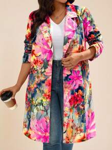 EMERY ROSE Plus Size Floral All-Over Print Casual Windbreaker Floral Outfits For Women Floral Blazer Women Floral Print Blazer,Fall Clothes Plus Size,Going Out Outfits,Business Casual Woman Curve Women Floral Blazer,For Stylish Everyday Wear Winter Autumn - Multicolor - View 2