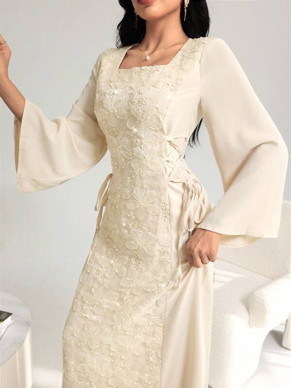 Yasmyna Women's Elegant Square Neck Patchwork Embroidered Waist Tie Waist Dress, Spring/Summer