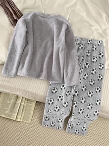 Genkimix Kids Oversized Boys' Sleepwear Set, Comfortable Loose Fit With Plush Fabric, Round Neck Shirt With Large Soccer Embroidery, Plush Pants With All-Over Soccer Pattern, Casual Homewear Pajama Set Boys Football Pajamas Boys Soccer Lounge Set Boys 2 Piece Pajama Set Boys Fleece Pajamas Boys Sleepwear Set 8Y-12Y Fall Winter - Grey - View 2