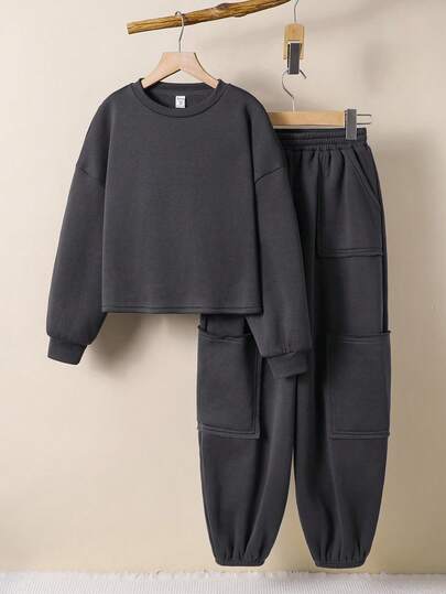 2 件套青少年女孩休闲日常百搭舒适纯色连帽宽松套头衫和宽松慢跑裤针织套装