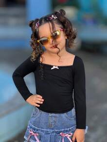 SHEIN Young Girl Solid Color Ruffle Collar Bowknot Fitted Long Sleeve Cropped Casual Elegant T-Shirt, Black, Sweet & Cool Girl, Personalized Sweet, School Style, Back To School Season Kids Black Top Girls Black Top Fall Winter - Black - View 3