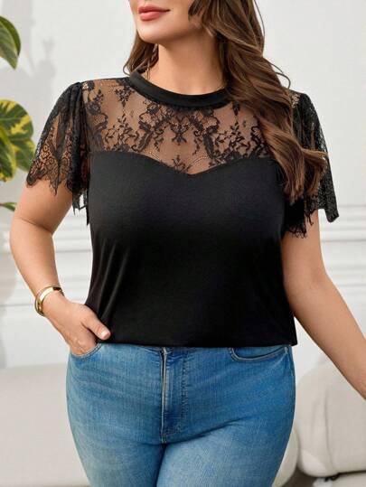 Reflora Plus Size Women Summer Lace Patchwork Short Sleeve Top,Going Out Top,Business Casual Woman